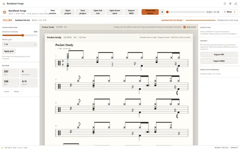 Backbeat Forge — Dark music practice desk with guitar, headphones, waveform lanes, and practice software