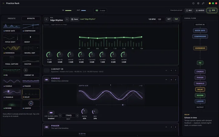 Dark music practice desk with guitar, headphones, waveform lanes, and practice software